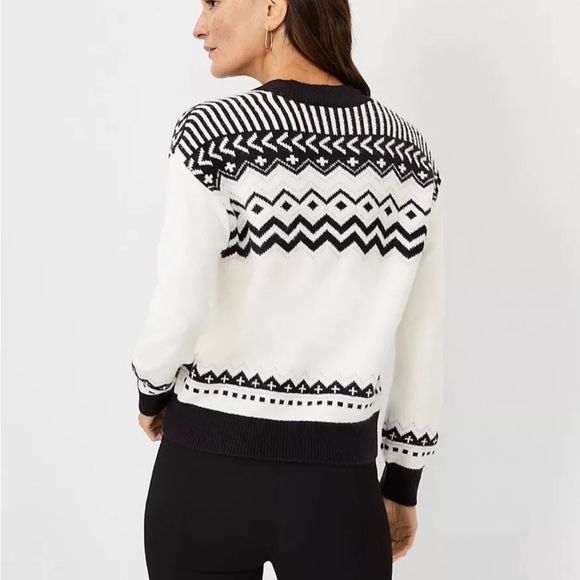 NWOT Ann Taylor Fair Isle Cardigan Wool Sweater Large Black $109 Size Winter - Picture 2 of 8